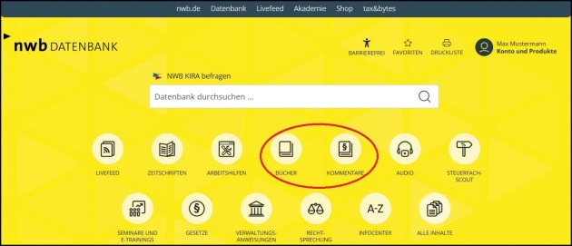 Abb. 1 Startseite der NWB Datenbank mit den Produkt-Icons u. a. für Bücher und Kommentare