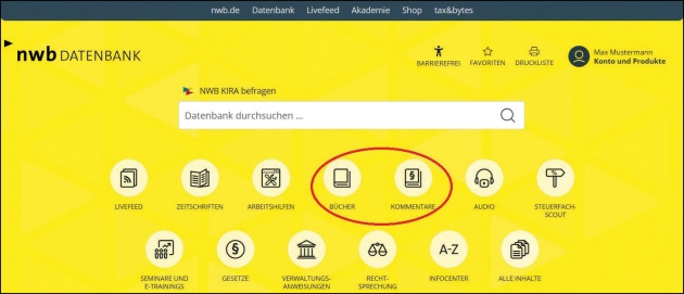 Abb. 1 Startseite der NWB Datenbank mit
		den Produkt-Icons u. a. für Bücher und Kommentare