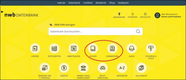 Abb. 1 Startseite der NWB Datenbank mit
		den Produkt-Icons u. a. für Bücher und Kommentare