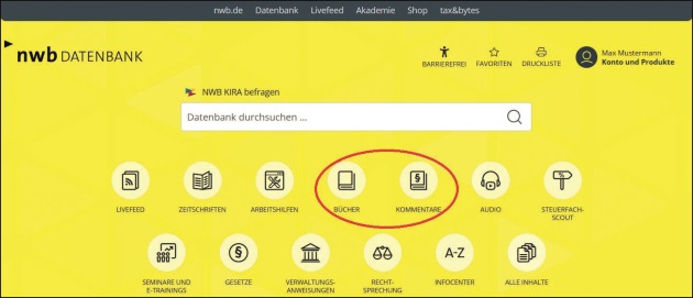 Abb. 1 Startseite der NWB Datenbank mit den Produkt-Icons u.&nbsp;a. für Bücher und Kommentare