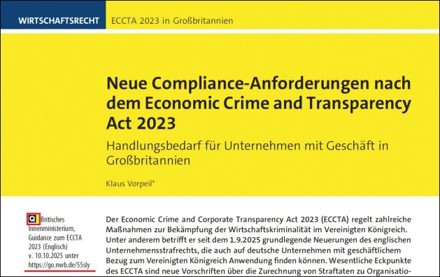 Titelblatt des Aufsatzes von Klaus Vorpeil aus IWB 1/2026.
		  Thema sind neue Compliance-Anforderungen nach dem Economic Crime and
		  Transparency Act 2023 in Großbritannien.